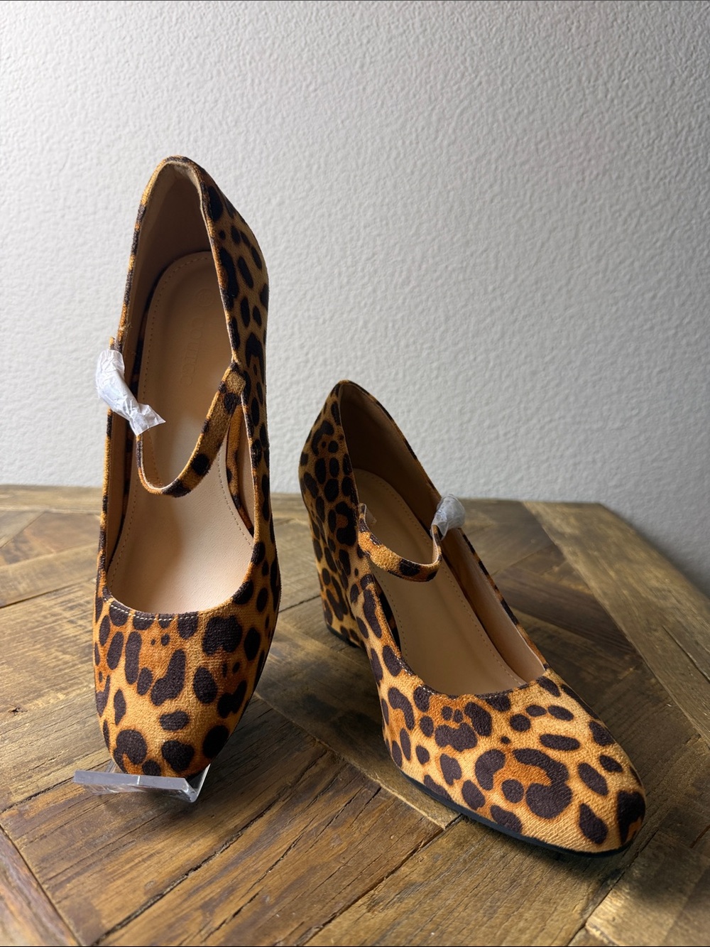 Size 8.5 Coutgo Leopard Print Wedge Heels with Ankle Strap - Brown/Black